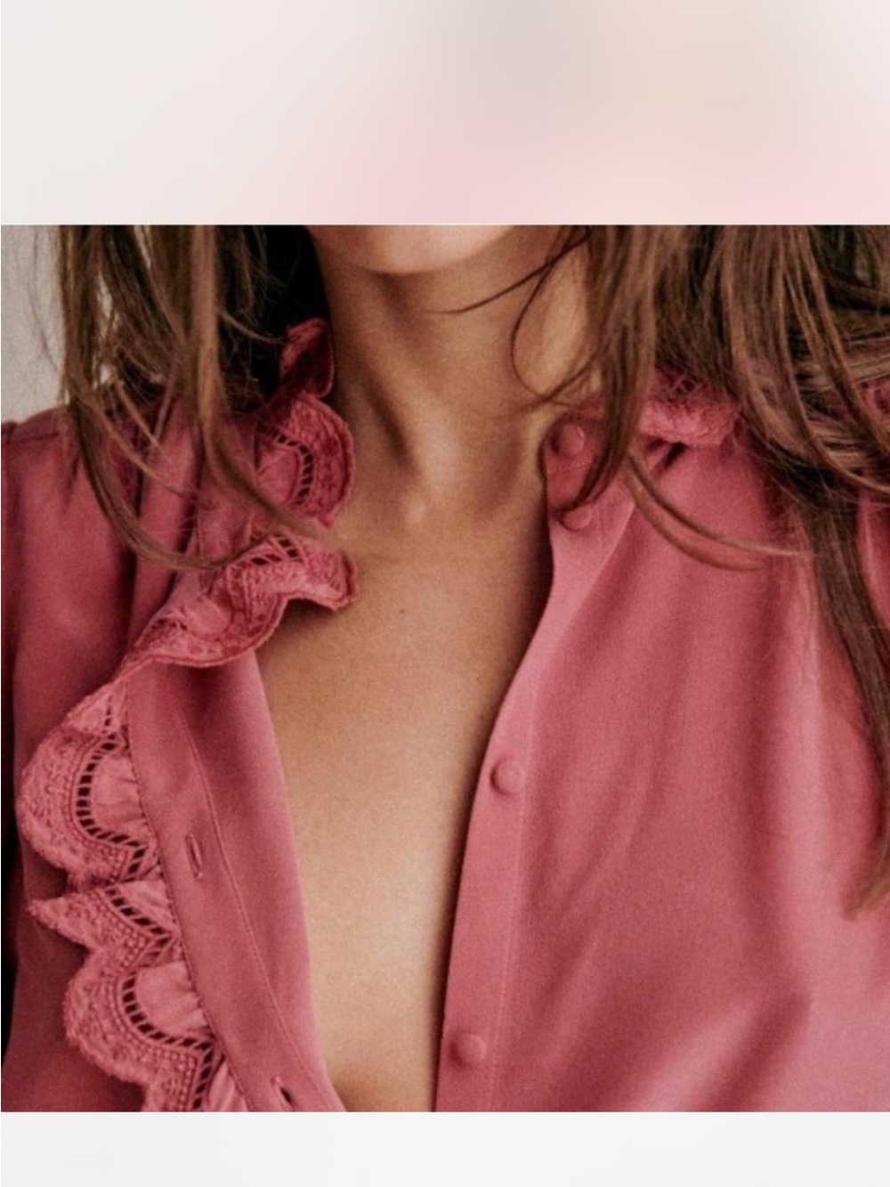 Sezane Silk Rose-Pink Ruffled Button-Front Blouse